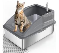 FURTIME Stainless Steel Cat Litter Tray Grey with Detachable Enclosure, 31cm High Sided Cat Litter Box Anti-Spillage and 60cm Extra Large Litter Tray with Lid for All Cats, with Litter Scoop & Mat