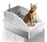 FURTIME Stainless Steel Cat Litter Tray Silver Gray with Detachable Enclosure, 31cm High Sided Cat Litter Box Anti-Spillage&60cm Extra Large Litter Tray with Lid for All Cats, with Litter Scoop & Mat