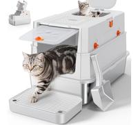 FURTIME Stainless Steel Litter Box with Lid, XL Extra Large Enclosed Cat Litter Box for Big Cats, Metal Cat Box with High Sided Enclosure & Scoop, Front & Top Entry, Odor Free, Anti-Leakage, Silver