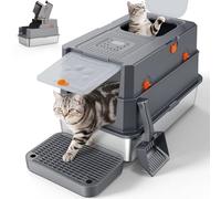 FURTIME Stainless Steel Litter Box with Lid, XL Extra Large Enclosed Cat Litter Box for Big Cats, Metal Cat Box with High Sided Enclosure & Scoop, Front & Top Entry, Odor Free, Anti-Leakage, Grey