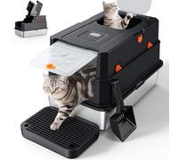 FURTIME Stainless Steel Litter Box with Lid, XL Extra Large Enclosed Cat Litter Box for Big Cats, Metal Cat Box with High Sided Enclosure & Scoop, Front & Top Entry, Odor Free, Anti-Leakage, Black