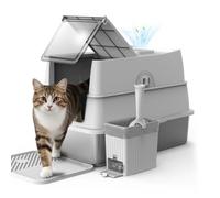 FURTIME XXL Stainless Steel Cat Litter Tray with Lid, 58x38x38cm(Grey)