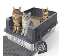 FURTIME XXXL Extra Large Stainless Steel Litter Box with Lid, Large Cat Litter Box for Big Cat, Large Metal Cat Box with High Sided, Non-Stick, Easy Cleaning, Includes Scoop and Mat