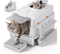 FURTIME XXXL Extra Large Stainless Steel Litter Box with Lid, Large Enclosed Cat Litter Box for Big Cats, Metal Cat Box with High Sided Enclosure & Scoop, Silver