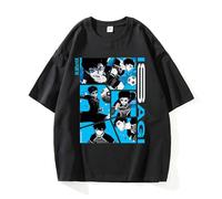 furuide Blue Lock Anime Graphic Print Black Cotton T-Shirt, Unisex Short Sleeve Casual Top (Black-3,M)