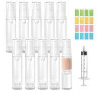 Furuising 10Pcs 10ml Airless Pump Bottle, Mini Empty Travel Pump Bottles, Refillable Clear Lotion Pump Containers with 5ml Syringe and Stickers for Foundation, Essence, Cream, Toiletries