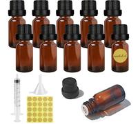 Furuising 10Pcs Small Amber Glass Bottles, 10ml Essential Oil Bottle, Empty Refillable Dropper Bottles with Black Cap, Sample Container with 3ml Syringe, Funnel, Sticker for Aromatherapy Oils Perfume