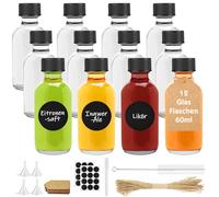 Furuising 12 Pack 2oz Glass Shot Bottles with Lids, 60ml Ginger Shot Bottles, Small Glass Bottle with 12 Hang Tag, 1 Pen, 4 Funnel, 1 Brush and Stickers for Ginger ale, Alcohol, Juice