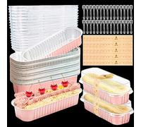 Furuising 120Pcs/30Set Mini Loaf Pans with Lids and Spoon, 200ml Aluminum Loaf Cake Cases, Reusable Foil Mini Loaf Tin, Baking Pans with 30 Stickers for Cake Bread Baking (Pink)
