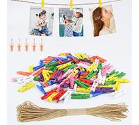 Furuising 150Pcs Colour Mini Wooden Pegs, Natural Photo Craft Pegs with 10M Jute String for Wall Display, Wedding, Party