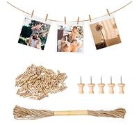 Furuising 150PCS Mini Wooden Pegs, 2.5cm Small Photo Pegs, Natural Photo Clips Peg with 10M Jute String for Christmas Wall Display, Weddings & Party