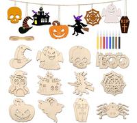 Furuising 24Pcs Halloween Wooden Hanging Ornaments, 12 Styles Halloween Wooden Slices, Unfinished Wooden Cutouts with 10m Jute String and 8Pcs Color Pens for Halloween Decoration DIY Crafts