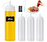 Furuising 4Pcs Large Sauce Bottle 680ML/24oz, Condiment Squeeze Bottles, Reusable Squeezy Bottles with Nozzles, Plastic Sauce Bottles with Cleaning Brush, Stickers for Condiment, Ketchup, Oil, Salad