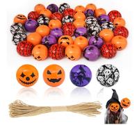 Furuising 50Pcs Halloween Wooden Beads, 20mm Wood Beads for Craft with Hole, Skeletons, Witches, Spider Faces Bead with 10m Jute String for Halloween Thanksgiving Jewelry Making