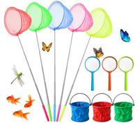 Furuising 5Pcs Kids Fishing Net with 3 Magnifier and 3 Foldable Bucket Kit, Colorful Telescopic Butterfly Nets with Handle(37-82cm) for Pond Dipping, Rock Pool, Catching Fish, Crab, Insect