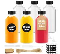 Furuising 6Pcs Glass Shot Bottles with Lids 240ml, 8.5oz Ginger Shot Bottles, Clear Glass Bottles with Hang Tag, Pen, Label, Funnel, Brush, Jute String for Ginger ale, Alcohol, Juice