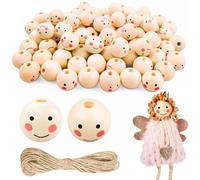 Furuising 80PCS Smile Wooden Beads, 20MM Natural Wooden Beads for Crafting with 4.5mm Hole, 10m Jute String for Making Christmas Angels, Decorations, Craft DIY