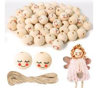 Furuising 80PCS Wooden Beads with Smile Face, 20mm Natural Wooden Beads for Crafting with 10m Jute String for Making Christmas Angels, Crafting DIY Handmade