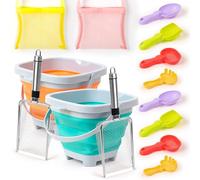 FurUlixty Beach Sand Toys Set with Stainless Steel Shovels, Shark Tooth Sifter & Mesh Bags - Durable Sand Toys for Beach, Family Beach Vacations Creative Sandcastle Building(14Pcs)