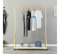 FURVOKIA Modern Simple Heavy Duty Metal Rolling Garment Rack with Wheel,Retail Display Clothing Rack with Wood,Iron Single Rod Floor-Standing Hangers Clothes Shelves (Gold Square Tube B, 47.2 L)
