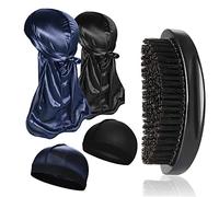 Furwabo 2PCS Silky Durags with Elastic Wave Cap and Wave Brush Unisex Night Sleep Hat Doo Rag Hair Wave Brush Kits, Stocking Compression Caps for 360 540 and 720 Waves, Blue