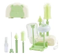FUSACONY Baby Bottle Brush Set 7 in 1, Travel Portable Silicone Bottle Brush, Teat Brush, Straw Brush, Bottle Drying Rack, Soap Dispenser and Storage Case (Green Bear)