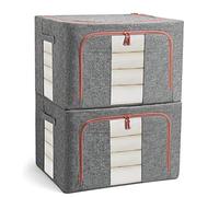 FUSACONY Closet Organizers and Storage, Foldable Oxford Cloth Steel Frame Box,2 Pack,Clear Window & Carry Handles, Waterproof, can Hold Large-capacity Clothes, Bedding, Blankets, Grey (22L)