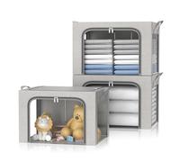 FUSACONY Clothes Storage Bag, 3 Pcs Large Storage Boxes with Lids Foldable Wardrobe Storage Organiser with Steel Frame & Three Clear Windows for Blankets,Bedding,Comforters, Grey (66L)