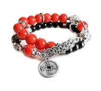 Fusamk Double Layer Beaded Bracelet, Small Wrist Red Black Glass Beads, Chinese Five Emperor Coins Bracelet, Vintage Feng Shui Bracelet For Good Luck And Wealth, One Size, Metal, no gemstone