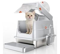 Fusblom Stainless Steel Cat Litter Tray, Enclosed Cat Litter Box with Lid, High Sided Metal Litter Pan, Leak-Proof, Odor-Free&Non-Stick, Easy to Clean, Included Scoop & Pedal- Grey, Small