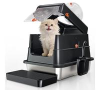 Fusblom Stainless Steel Cat Litter Tray, Enclosed Cat Litter Box with Lid, High Sided Metal Litter Pan, Leak-Proof, Odor-Free&Non-Stick, Easy to Clean, Included Scoop & Pedal- Black, Small