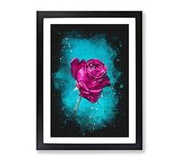 Fuschia Pink Dying Rose Paint Splash Modern Framed Print | A3 Black Framed Wall Art | Ready to Hang | Modern Floral Picture | Living Room Bedroom Lounge Office