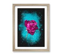 Fuschia Pink Dying Rose Paint Splash Modern Framed Print | A3 Oak Framed Wall Art | Ready to Hang | Modern Floral Picture | Living Room Bedroom Lounge Office