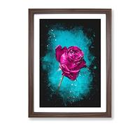 Fuschia Pink Dying Rose Paint Splash Modern Framed Print | A4 Walnut Framed Wall Art | Ready to Hang | Modern Floral Picture | Living Room Bedroom Lounge Office