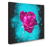 Fuscia Pink Dying Rose Paint Splash Canvas Print | Gallery Wrapped 30mm Frame Wall Art | 14x14 inches | Ready to Hang | Modern Floral Picture | Living Room Bedroom Lounge Office