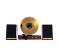 Fuse GLD Vertical Vinyl Record Player with Speakers | Gold Trim | 5.3 Bluetooth, AUX | Full Range External Speakers | Premium Cartridge | Vintage Mid Century Modern | Handcrafted Ashtree Wood