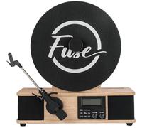 Fuse Wrap Vertical Record Player with Bult In Album Cover Holder - Mid-Century Modern Vinyl Player with Built-in Speakers & Bluetooth - FM Radio Home Audio Turntable for 12in Vinyl Records & 45rpm