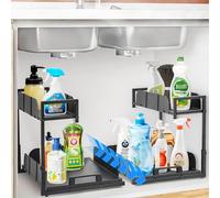 fusehome 2 Pack Under Sink Organizer, 2 Tier Metal Pull Out Cabinet Sink Shelf for Bathroom, Kitchen Undersink Organizers and Storage Shelves with Sliding Drawer, Cleaning Supplies Organizer, Black