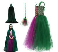 Fushen Hocus Pocus Costume, Halloween Costume Witch Dress For Girls, Winifred Sanderson Sisters Party Cosplay Fancy Up Tulle With Wizard Hat Broom Cloak Set, Green+purple, XL
