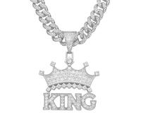 FUSHENGTER Necklace Men Hip hop Necklace Chain Pendant Women Hip Hop Necklace King Letter Crown Pendant Men'S Street Pendant Necklace Silvercolor 50Cm