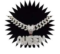 FUSHENGTER Necklace Men Hip hop Necklace Chain Pendant Women Men Women Hip Hop Queen Letter Pendant Necklace Iced Out Bling Necklaces Charm Silvercolor