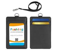 Fushing Vertical Genuine Leather ID Card Name Tag Badge Holder Protector with Neck Strap Lanyard for Business School Event (Black)