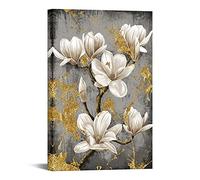 FuShvre White Magnolia Canvas Painting Flowers with Gold Design Wall Art Picture Elegant Floral Print for Modern Living Room Kitchen Bathroom Decor Large Vertical Artwork Ready to Hang