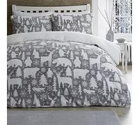Fusion Arctic Animals Duvet Cover Single Bed Teddy Fleece Winter Bedding (140x200cm) - 1 Pillowcase - Polar Bear, Deer & Penguin Design - Soft Christmas Decorations, Grey