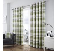 Fusion - Balmoral Check - 100% Cotton Pair of Eyelet Curtains - 66" Width x 54" Drop (168 x 137cm) in Green