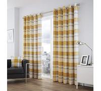 Fusion - Balmoral Check - 100 Percent Cotton Pair of Eyelet Curtains, Ochre, Curtains: 90" Width x 90" Drop (229 x 229 cm)