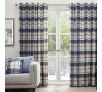 Fusion - Blue Tartan Curtains W66 x L54" (168 x 137cm) - 100% Cotton - 2x Panels - Sapphire Blue Checkered Curtains - Blue Eyelet Curtains in Plaid Pattern - Dark Blue Curtains for Living Room/Bedroom