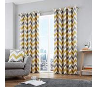 Fusion - Chevron - 100 Percent Cotton Ready - Made Pair of Eyelet Curtains in Ochre, 66" Width x 90" Drop (168 x 229 cm)