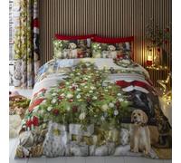 Fusion Christmas Dogs & Tree Duvet Cover Set - Double Bedding Size (200 x 200cm) - 2 Pillowcases - Easy Care - Festive Puppies & Presents Print - Traditional Vintage Christmas Bedroom Decor