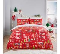 Fusion Christmas Phrases Duvet Cover - King Size (230 x 220cm) - Reversible (2 Designs) - 2x Pillowcases Included - Snowflakes Design in Red & White - 60% Cotton 40% Polyester